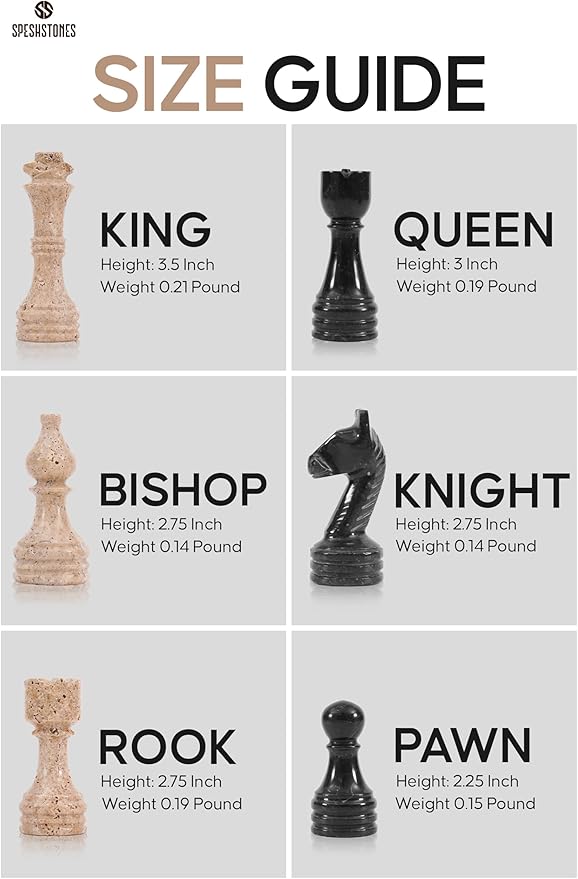 Marble Chess Set 15 Inch Travertine & Black Checkers Board Game with Pieces, 2 Extra Queens and Storage Box, Strategy Set for Adults & Family, Travel, Tabletop Play
