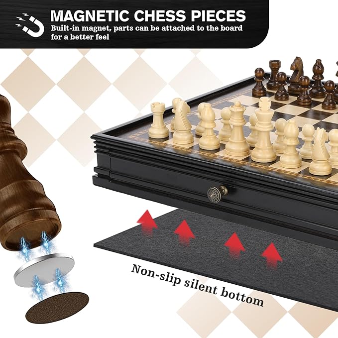 Peradix Magnetic Chess Checkers Board Sets with 2 Built-in Storage Drawers,12.8" Classic 2 in 1 Wooden Games with 2 Extra Queens for Kids and Adults,Travel Portable Chess Game Set
