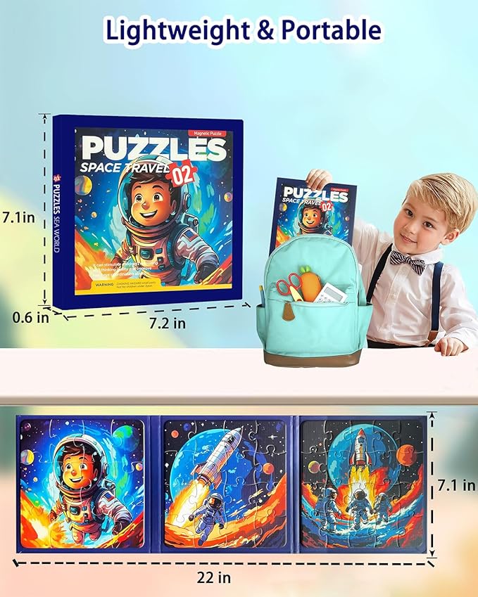 Magnetic Puzzles for Kids Ages 3-5, 3 in 1 Jigsaw Puzzle Book, Animal Car Activities Travel Puzzles for Toddlers Boys and Girls, Learning Magnet Toy for Road Trip(Rocket)