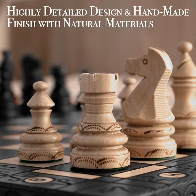Wegiel Imperator 21-Inch Luxury Wooden Chess Set for Adults and Kids - Handcrafted from Premium Beech and Birch Wood - Unique Folding Design with Chess Piece Storage, Black