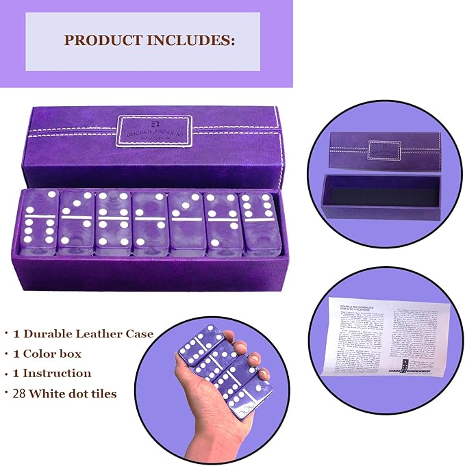 Dominos Set for Adults – Double 6 Dominos - Dominoes Set for Kids and Adults - 28 Marbleized Purple Jumbo Domino, Classic Board Game for Family Nights & Travel (Purple Case)