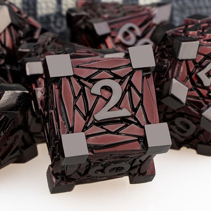 7PCS Metal DND Dice Set with Box, Debris RPG Red D and D Dice for use with D&D Tabletop Games Role Playing Game Polyhedral Dice Set D20 D12 D10 D8 D6 D4