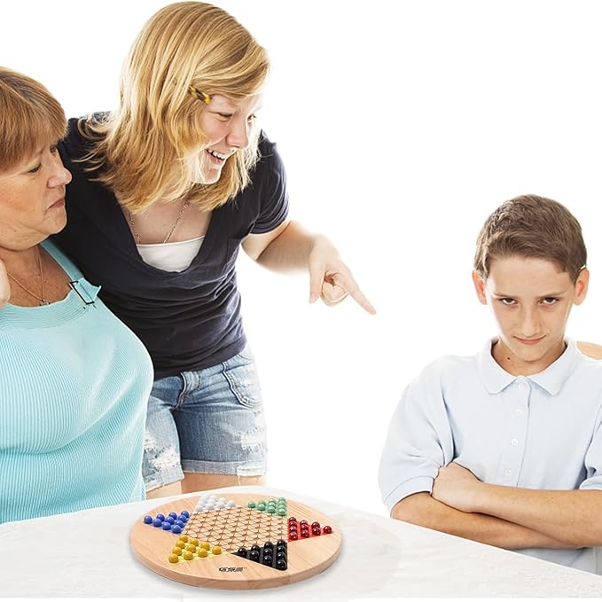 GSE Games & Sports Expert 15" Jumbo Oak Wood Chinese Checkers Board Game Set with Colorful Glass Marbles, Classic Strategy Family Board Game for Adults