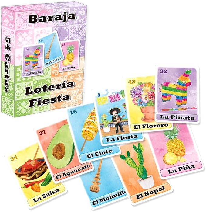 Loteria Fiesta Deluxe Game Set in Spanish, for Up to 20 Players - 20 Boards, Full Deck of Cards and with Chips