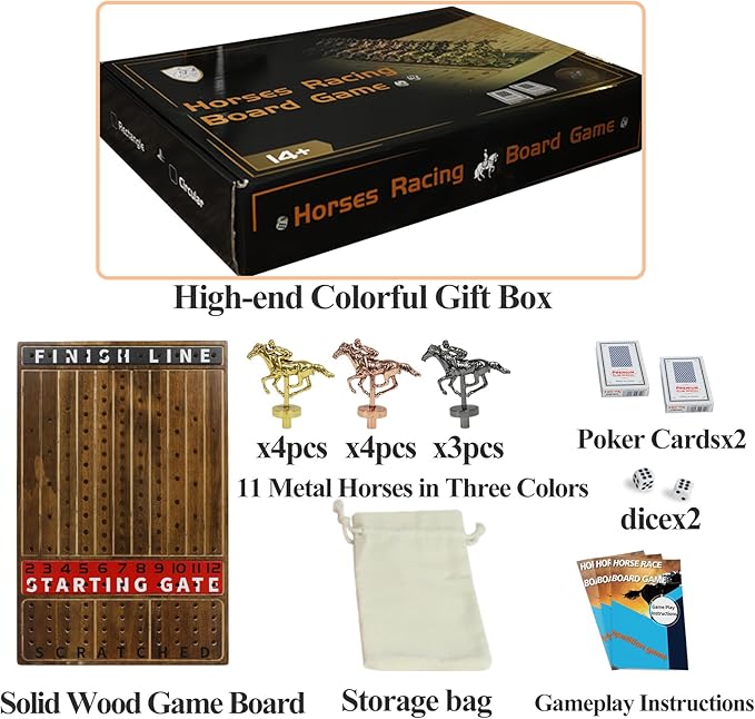 Metal Horse Racing Board Game Card Board Game Finish Line Luxury Edition Solid Wood Race Game Board 11 Batches of Metal Model Horses 2 Sets of Dice and 2 Boxes of Cards…