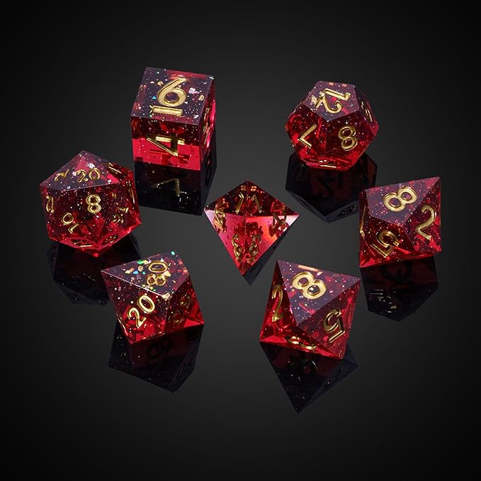 7PCS DND Dice Set,Transparent Deep Red with Gold Foil D&D Dice for Dungeons and Dragons TTRPG Games Roleplaying Games Pathfinder,with Gift Box.