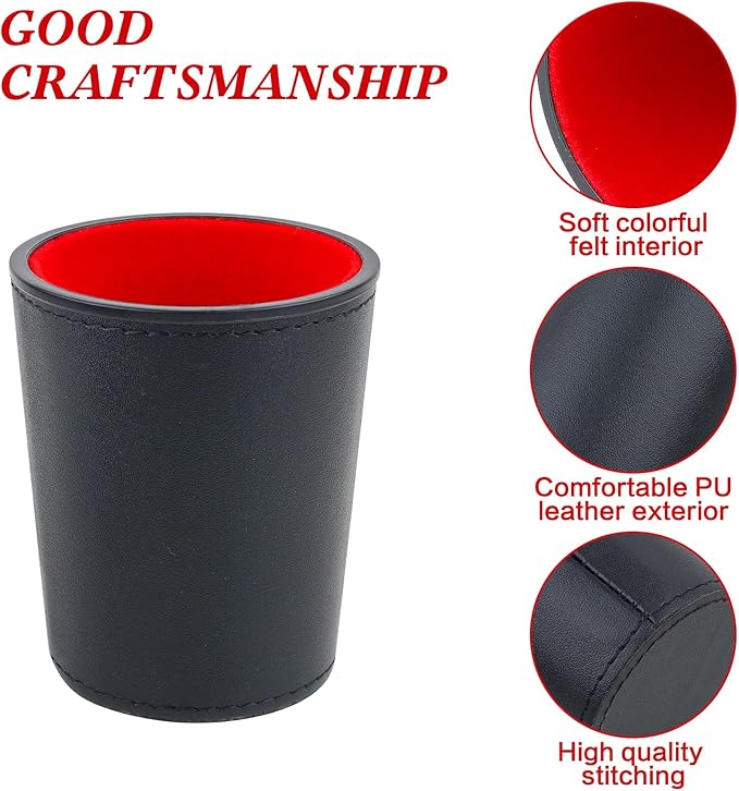 Felt-Lined PU Leather Dice Cup Set, 6 Quiet Dice Shaker Cups with 36 Dices for Bar Party Yahtzee Farkle Dice Games, Red and Black