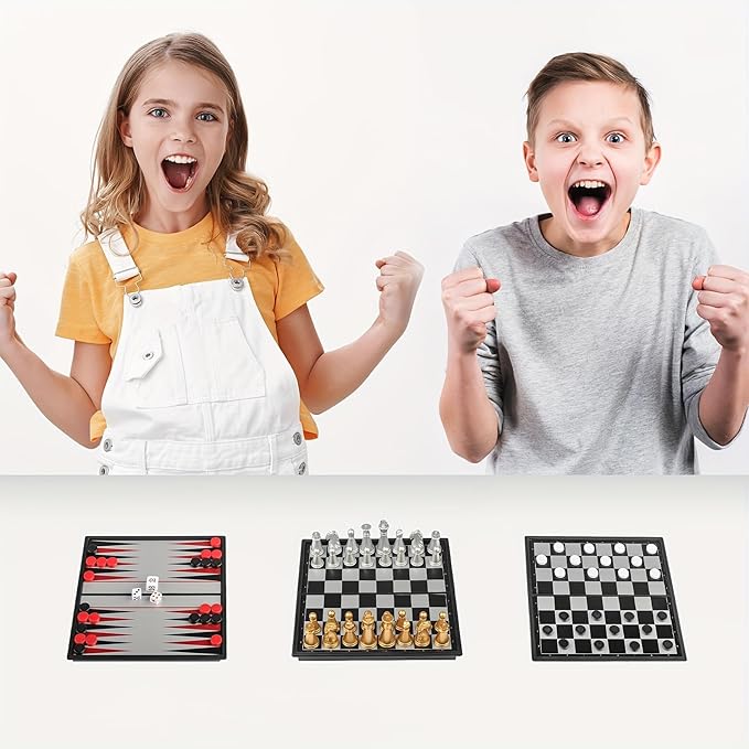 Chess Board Game Set Mini Magnetic Chess Kit Table Game with Folding Case 5'' Portable 3 in 1 Chess Checkers Backgammon Set Travel Game 2 Players
