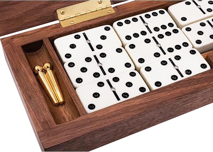 Alex Cramer Le Club Luxury Domino Set with USA-Made Handcrafted Walnut Case and Cribbage Top - 28 Tournament Quality Indestructible Spinner Dominoes. Gold & Nickel pegs