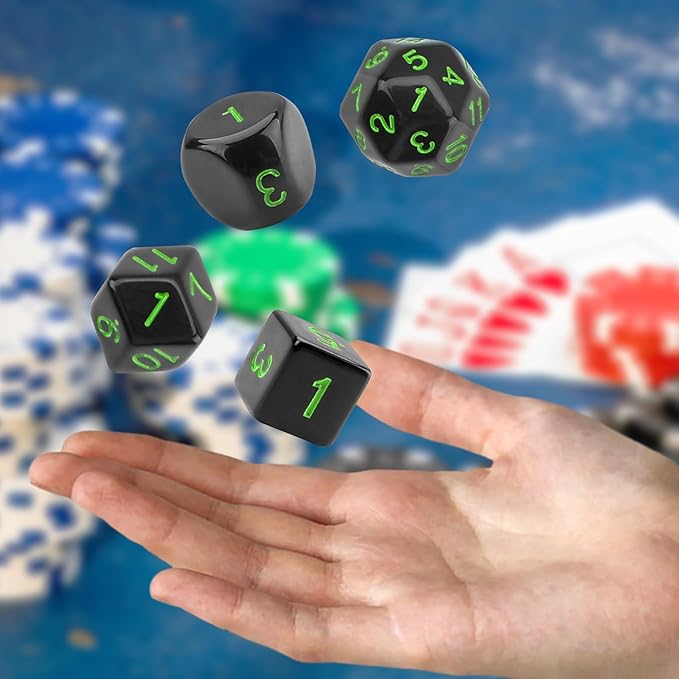 Coyeekn DND Dice 15 Pieces Polyhedral Dice D3-D100 with Dice Bag for Role Playing Table Games (Black & Green)