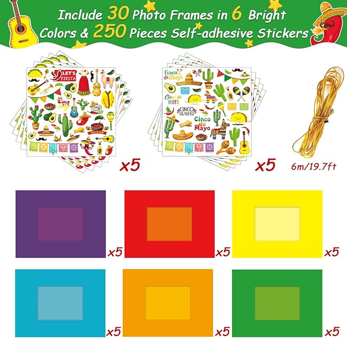 chiazllta 30 Packs Mexican Craft Kits for Kids Fiesta Party DIY Picture Frame Craft Cinco de Mayo Art Favor Home Classroom Game Activities for Festivals Carnivals
