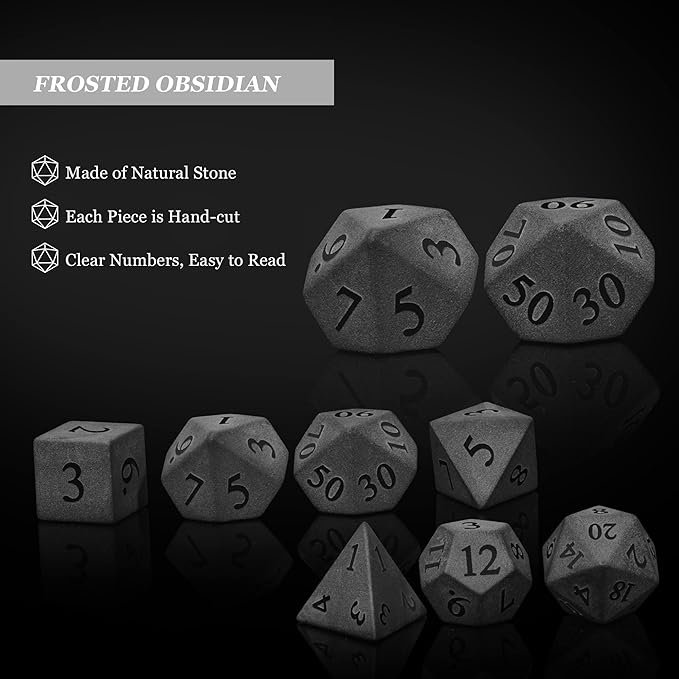 UDIXI Obsidian Dice Gemstone Dice Set 7PCS Stone DND Dice with Gift Case for Dungeons and Dragons Role Playing Game and Other Tabletop Games (Frosted Obsidian)