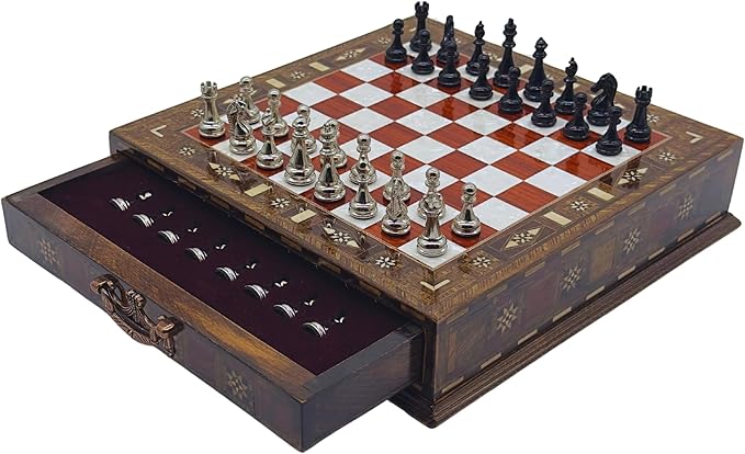 12.6’’ Handmade Walnut Chess Set with Zamak Metal Pieces, Wooden Chess Set with Storage, Birthday Gift for Him, Handmade Chess Gift, for Him (Black-Silver Pieces)