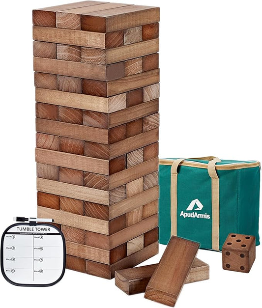 ApudArmis Giant Tumble Tower Stack to Over 5Ft, 56 PCS Pine Wooden Stacking Timber Game with 1 Dice Set - Classic Block Giant Outdoor Game (7.48 * 2.48 * 1.5In Each Block, Brown)