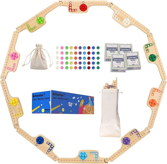 10 Players Marbles and Jokers Board Game Pegs and Jokers Card Wood Game Board Portable Multiplayer Boards Include 10 Colored Marbles 4 Boxes of Card