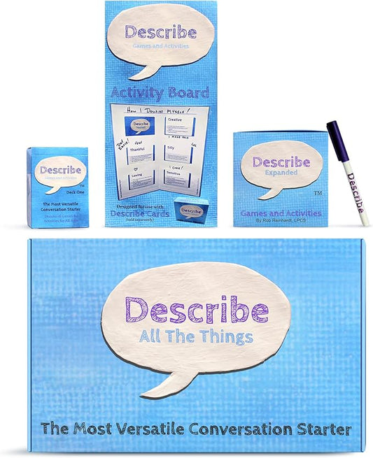 Describe Cards - All The Things Box, Over Two Dozen Games and Learning Activities for Families, Therapy, School, and More. Bundle Includes Deck One & Deck Two Conversation Cards with Activity Board.