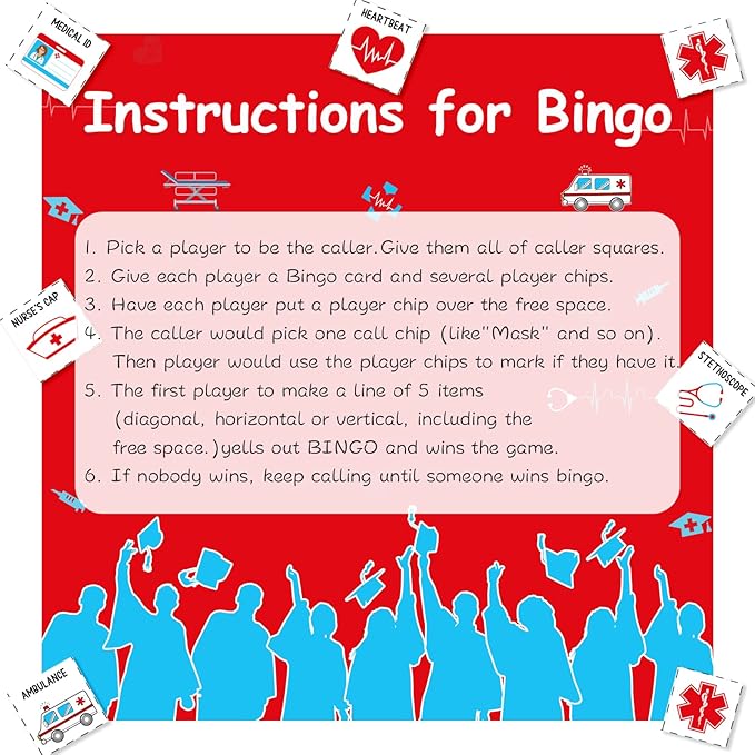Cheereveal Nurse Graduation Party Games - Bingo Game with 12 Player Chips, 24 Medical Bingo Cards for 2025 Nursing Grad Party Activities and Supplies