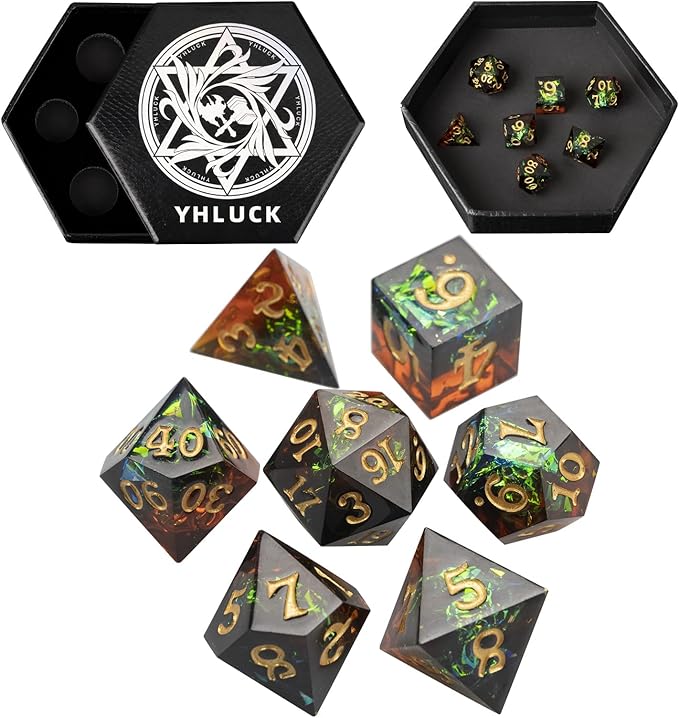 DND Dice Set Sharp Edge Galaxy Dice Handmade Resin Polyhedral Dice for Dungeon and Dragons RPG D20 Tabletop Roleplaying Party Games (Dark Brown & Green)