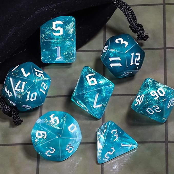 CiaraQ DND Polyhedral Dice Set for Dungeons and Dragons RPG MTG Role Playing Table Games-with 1 Dice Pouch (Aquamarine + Glitter)