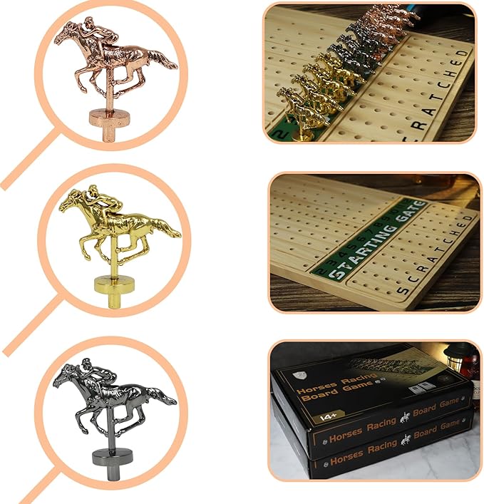 2 Pack Metal Horse Racing Board Game Card Board Game Finish Line Luxury Edition Solid Wood Race Game Board 11 Batches of Metal Model Horses 2 Sets of Dice and 2 Boxes of Cards (Log)…