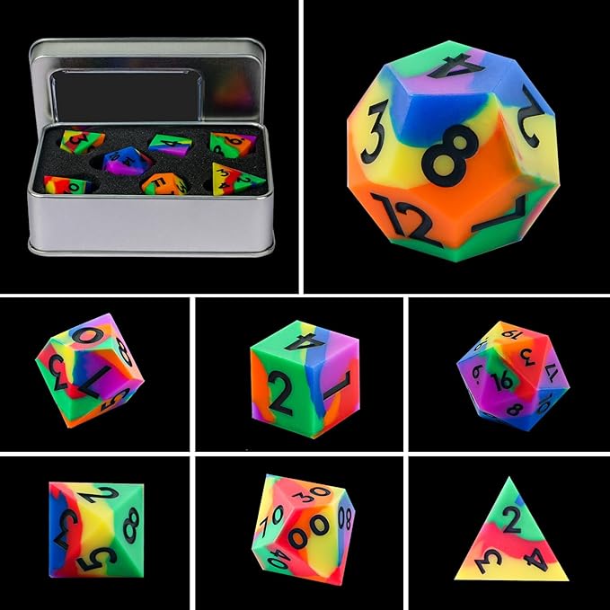 DND Dice Set Sharp Edge Dice Set 7 Piece DND polyhedral Dice Numbers with Gold Leaf Exquisite Tin Box Packaging,Ideal for Dungeons & Dragons RPG and Board Games (Rainbow)