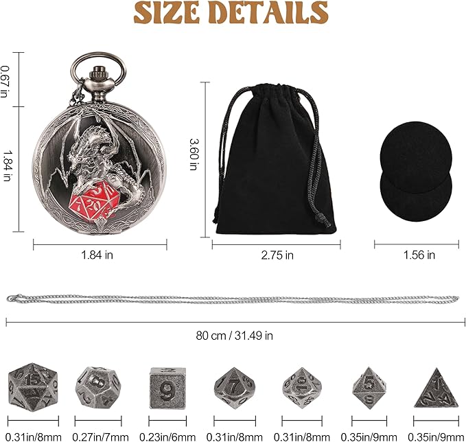 D&D Dice Set,7PCS Metal Dice for Dungeons and Dragons,Mini Dice Set with Pocket Watch Case,Role Playing Board Games Accessories (Dragon-R, Ancient Silver)