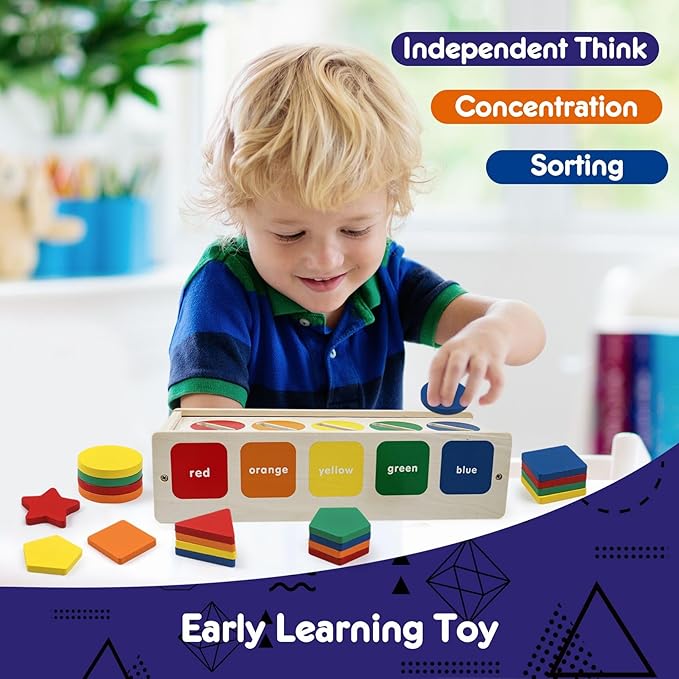 Wooden Sorting Toys Montessori Color & Shape Sorter Class Activity Toddlers Fine Motor Game for Colors and Shapes Recognition, X-mas Stocking stuffers New Year Gifts for 2-5 Year Old Boys and Girls