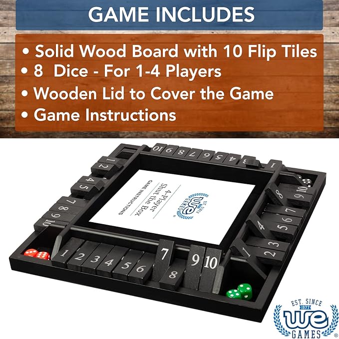 WE Games Shut The Box Board Game - Classic 4 Player Wooden Table Top Dice Game for Family Game Night, Black Stained Wood, 14 in., 10 Numbers, Classroom Play or Bar Fun for Adults