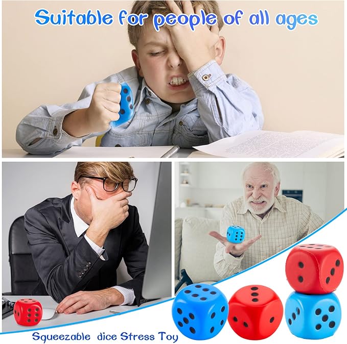 Zomiboo 2 Pcs Large Foam Dice Stress Balls Soft Jumbo 6 Sided Giant Dice Educational Learning Squeeze Anxiety Relieve Toy Gifts for Adults Kids Board Game Classroom(Red, Blue,2.3 Inch)