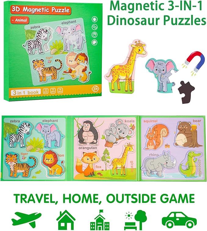 Magnetic Puzzles for Toddlers 1-3, Travel Puzzles for Kids Ages 3-5, Animal Activities Toy Wooden Jigsaw Puzzles Book for Boys & Girls 2-4, Learning Magnet Gift for Road Trip (Animal)