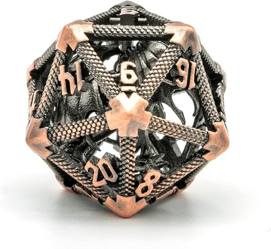 UDIXI 22mm D20 Metal Dice, Single D20 DND Dice, Hollow Dragon Design Polyhedral Dice D&D for Dungeons and Dragons, Role Playing Game Pathfinder(Ancient Copper)