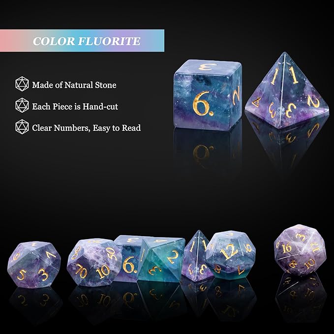 UDIXI Natural Gemstone DND Dice Set 7PCS Color Fluorite Crystal Stone Dice Set for Dungeons and Dragons D&D Tabletop Games