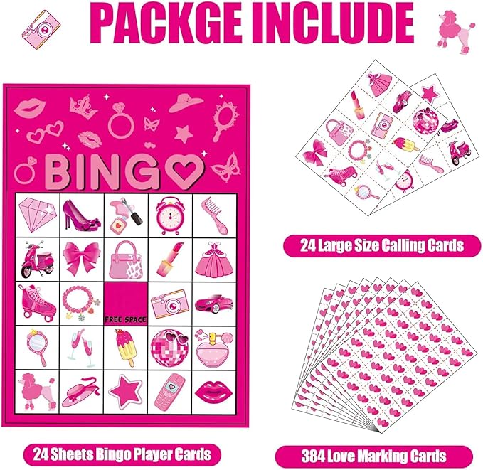 Pink Party Bingo Games Hot Pink Birthday Party Game for Kids Adults Girls Birthday Party Favors 24 Players Bingo Cards Princess Doll Game for Family Holiday Gatherings Party Supplie