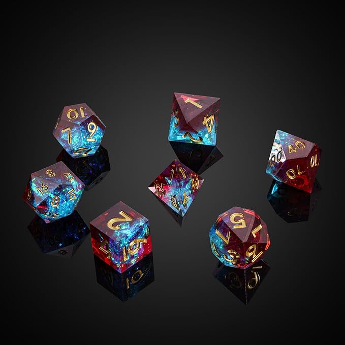 7PCS DND Dice Set,Handmade Sharp Edge Dice Set D&D RPG Polyhedral Die,for Dungeons and Dragons TTRPG Games Roleplaying Games Pathfinder,with Gift Box(Blue with Red)