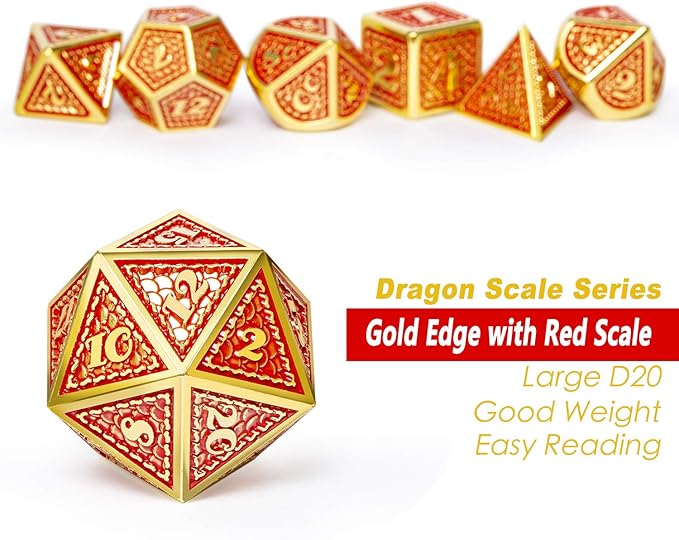 DNDND Metal Gaming Dice, 7 PCS Red Dragon Scale Metallic DND Die with Velvet Pouch for Dungeons & Dragon D&D Game (Red with Gold Edge)