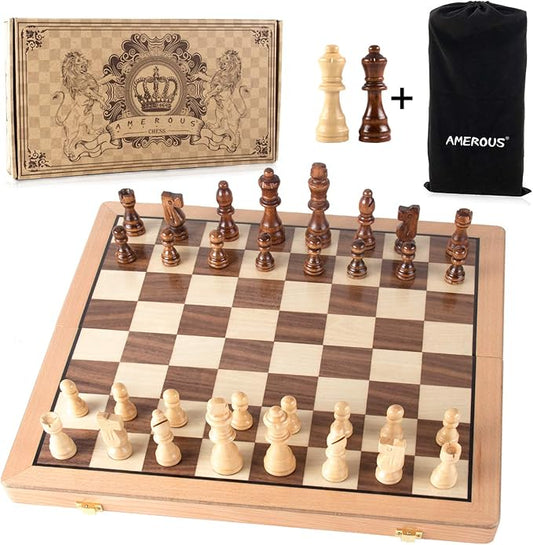AMEROUS Magnetic Wooden Chess Set, 15 Inches Handmade Wooden Folding Travel Chess Board Game Sets with Chessmen Storage Slots for Kids and Adults, 2 Bonus Extra Queens, Gift Box Packed