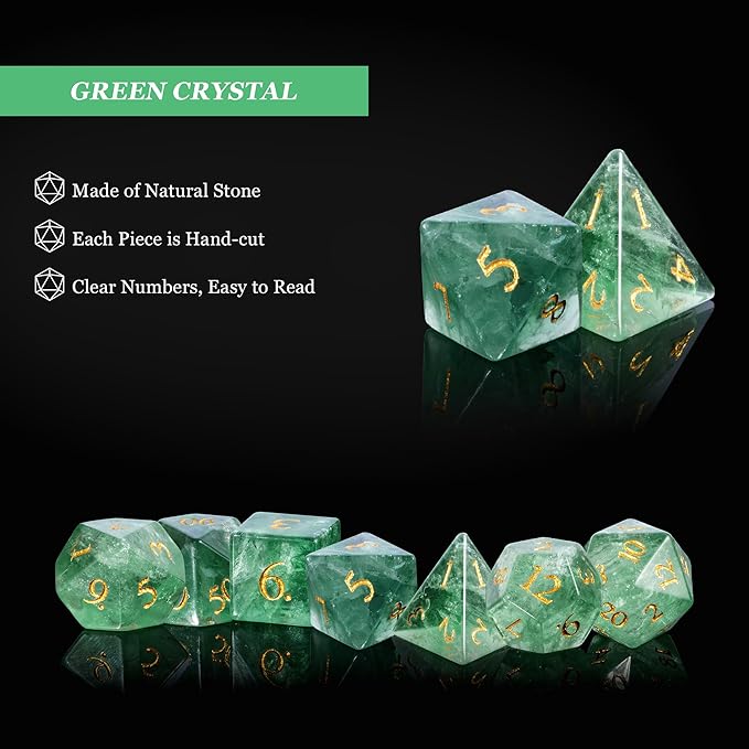 UDIXI Natural Gemstone Dice Set 7PCS Green Fluorite Crystal Stone DND Dice with Gift Case for Dungeons and Dragons Role Playing Games and Other Tabletop Games