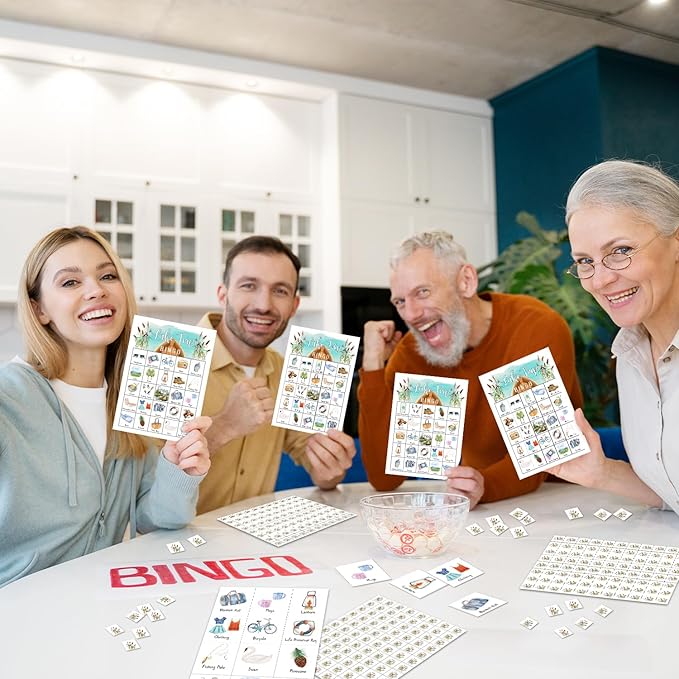 Lake Trip Bingo Games - 24 Player Cards, Family & Friends Camping Party Activities, Vacation Gifts for Adults & Teens