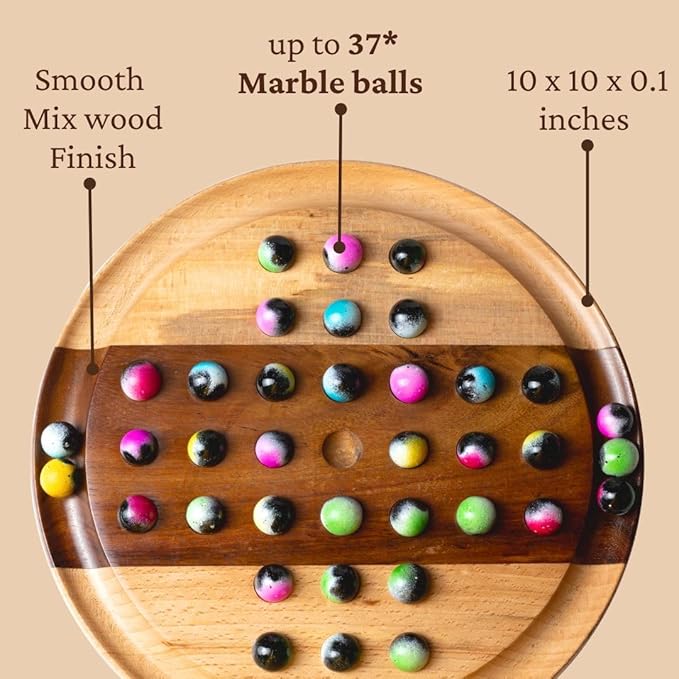 Premium 10-Inch Wooden Solitaire Board – 36 Colorful Marbles on Mixed Wood – Strategy Game for Adults & Family – Classic Solo Board Game