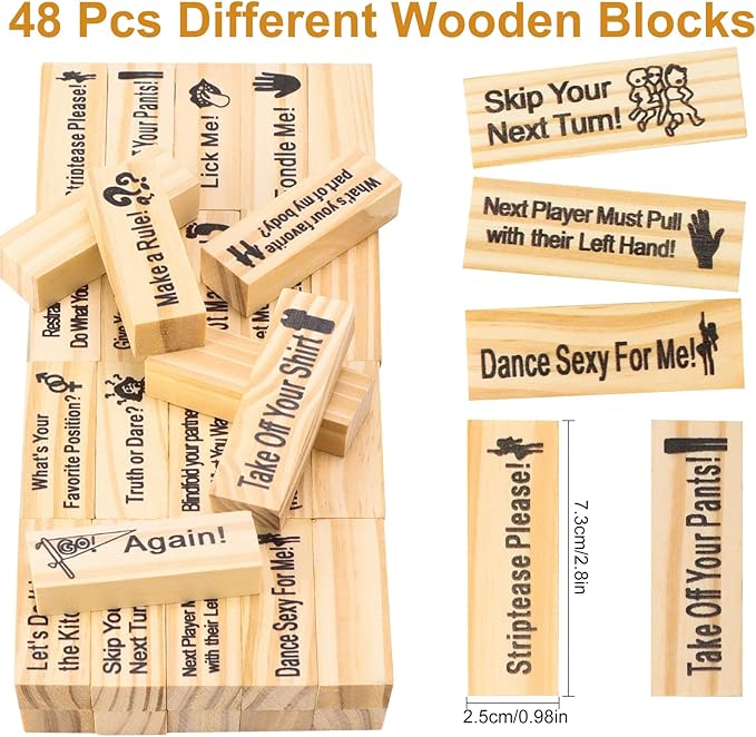 Ultimate Lust Tower Game for Adults - 48-Piece Naughty Wooden Stacking Blocks for Couples, Perfect for Date Nights, Valentine's Day, and Fun Drinking Games