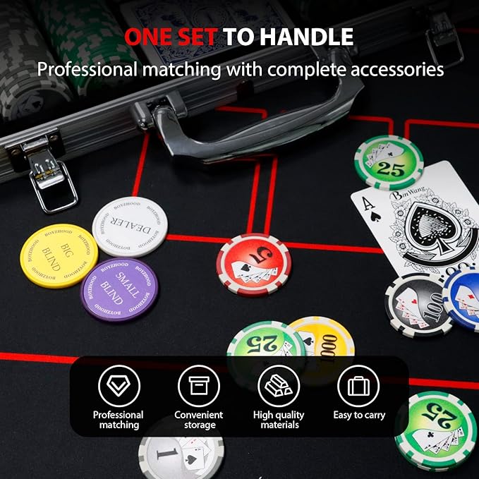 Boyzhood Poker Chips with Numbers,500PCS Poker Chip Set with Aluminum Travel Case,11.5 Gram Poker Set for Texas Holdem and Blackjack Gambling.