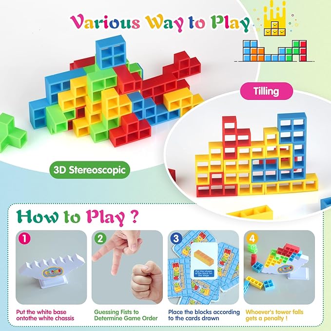 64Pcs Tetra Tower Game, Family Board for 2 Players Family Games, Building Blocks Stacking Balance Games Toys for Kids, Adults, Friends, Classroom, Family and Travel Party
