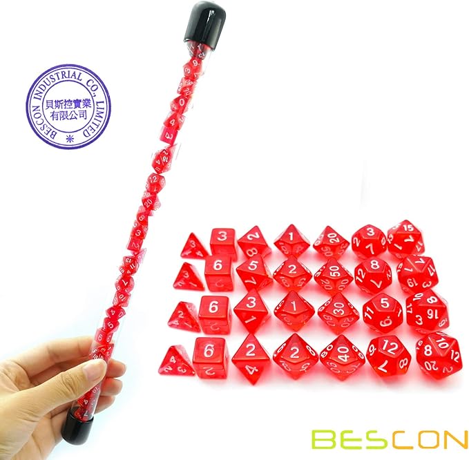 Bescon 28pcs Translucent Red Mini Polyhedral Dice Set in Tube, Ruby Dice Dungeons and Dragons 4X7pcs, Mini Ruby Gem Dice Set