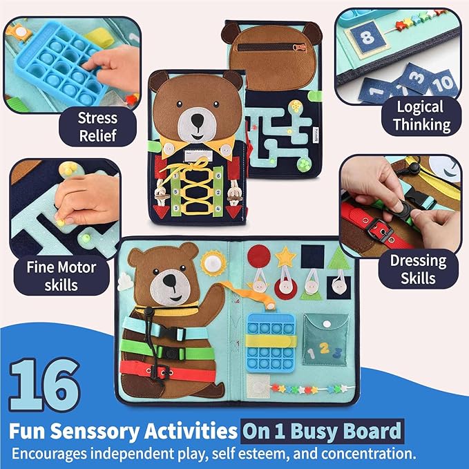 PUTSKA Busy Board Montessori Toys, Busy Book for Toddlers 3+ Years, Sensory Toys, Educational Learning Activities for Learning Fine Motor Skills, Kids Travel Essentials, Gifts for Girls Boys