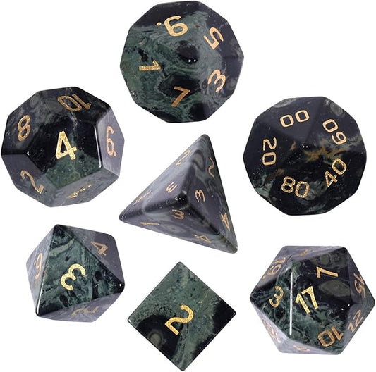 TUMBEELLUWA Engraved Crystal Stone Polyhedral Dice Set for RPG MTG Dungeons and Dragons Table Game 7 Pieces DND Board Game Dices with Pouch, Kambaba Jasper
