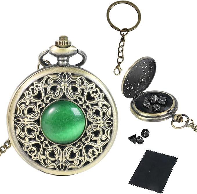 Mini DND Dice Set with Watch Shell and Keychain, Portable 7PCS Polyhedral Metal Dice Set Perfect for Dungeons and Dragons Gifts, MTG, Role Playing Board Games Accessory (Ancient Silver)