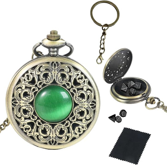 Mini DND Dice Set with Watch Shell and Keychain, Portable 7PCS Polyhedral Metal Dice Set Perfect for Dungeons and Dragons Gifts, MTG, Role Playing Board Games Accessory (Ancient Silver)