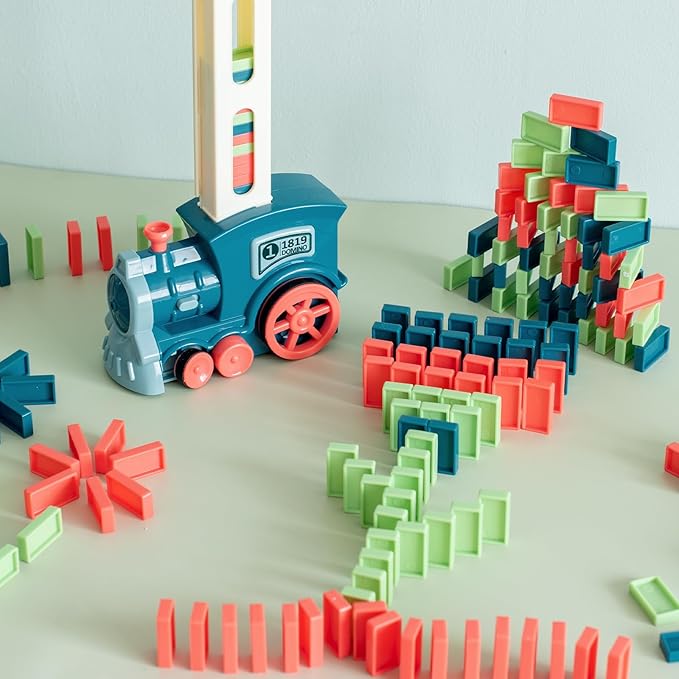 Automatic Domino Train for Kids 200pcs Blocks Montessori Dominos Stacking Toys Christmas or Birthday Gifts for 3 4 5 Year Old Boys Girls Toddler Age 6-8 Game Play (Blue)