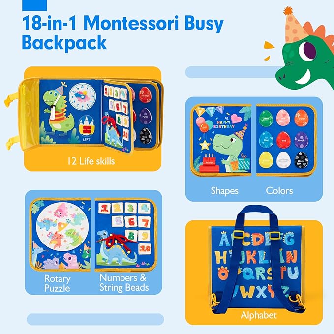 hahaland Toddler Toys Busy Board 1-4, Montessori Toys for Ages 2-4, Boy Birthday Gift 18 in 1 Preschool Learning Activities with 12 Life Skills-Numbers,String Beads,Shapes,Colors,Puzzles,Alphabet
