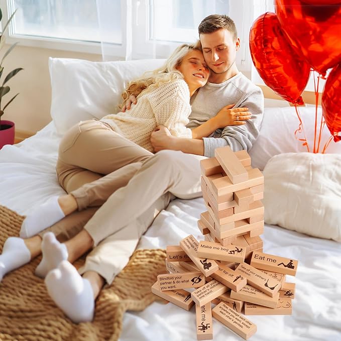 tortoise Lust Tower Block Game for Adults, Super Naughty Couples Games Grown Ups Valentine Tumbling Tower Stacking Puzzles Blocks Game Wooden (54 Pcs)